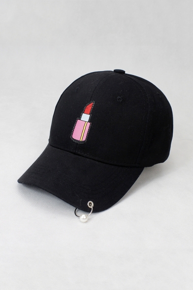 Chic Embroidered Lipstick Pattern Outdoor Baseball Cap with Beaded Ring