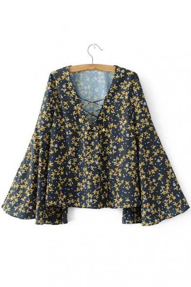 Fashion Floral Printed Color Block Lace-up V-Neck Split Bell Sleeve Casual Blouse