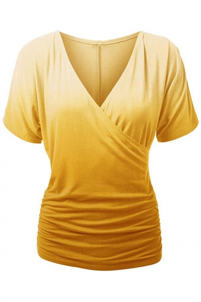 Fashion Wrap V-Neck Ruched Sides Short Sleeve Ombre Tee