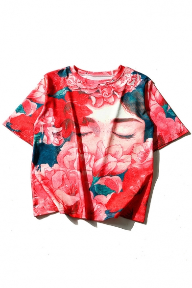 Floral Girl Printed Round Neck Short Sleeve Oversize Boxy Leisure T-Shirt