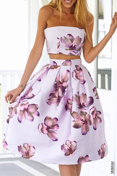 Glamorous Strapless Sleeveless Floral Printed Cutout Waist Zip-Back Midi Dress