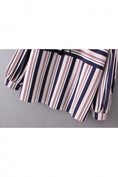 New Arrival Striped Color Block Bow Tied Lapel Long Sleeve Shirt