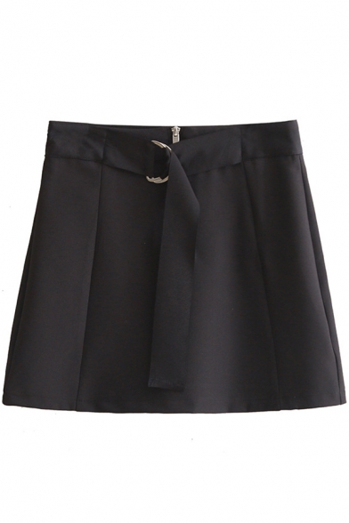Summer New Fashion Zip Fly Metal Ring Waist Plain Bodycon Mini Skirt