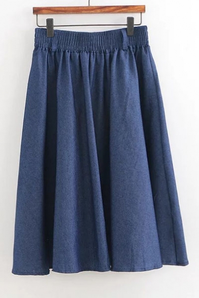 Summer's Basic Elastic Waist High Rise Plain Pleated Denim A-Line Midi Skirt
