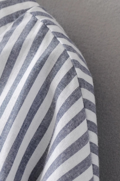 Vertical Striped Color Block V-Neck Dropped Short Sleeve High Low Hem Button Down Shirt