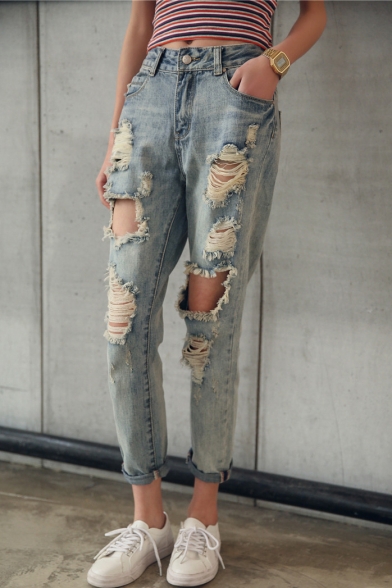 Boyfriend Style Casual Leisure Plain Cut Out Ripped Jeans