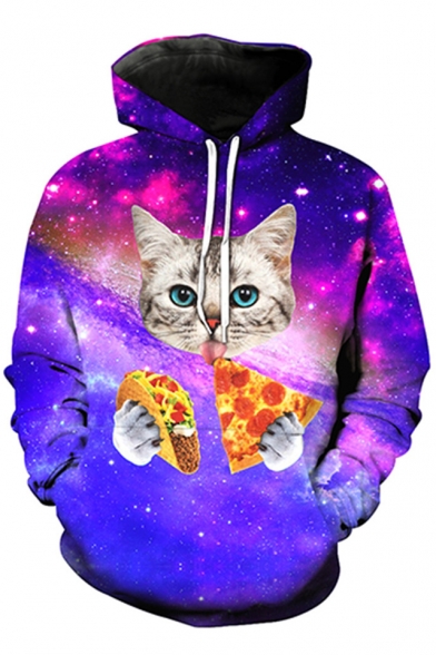Cute Cat Pizza Galaxy 3D Printed Long Sleeve Hoodie Sweatshirt