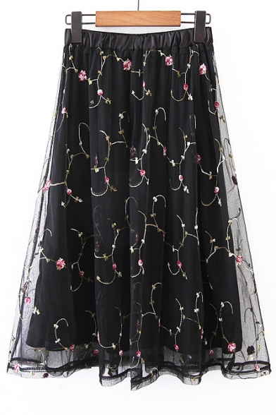 Elastic Waist Floral Embroidered Sheer Mesh Layered Midi Skirt