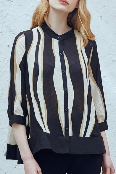Fashion Single Breasted Striped Color Block 3/4 Length Sleeve Shirt