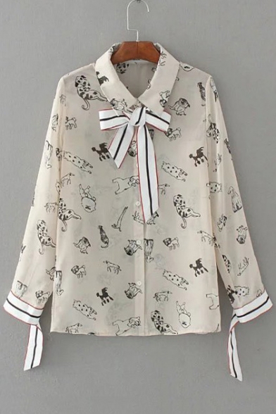Lapel Collar Long Sleeve Fashion Dogs Printed Ribbons Buttons Down Shirt