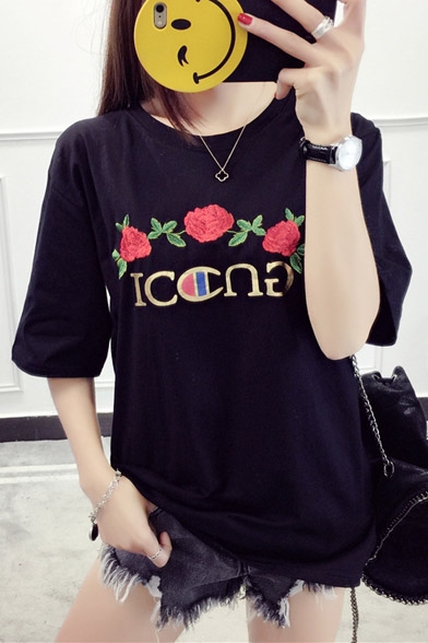 Letter Floral Embroidered Round Neck Short Sleeve Casual Loose Graphic Tee