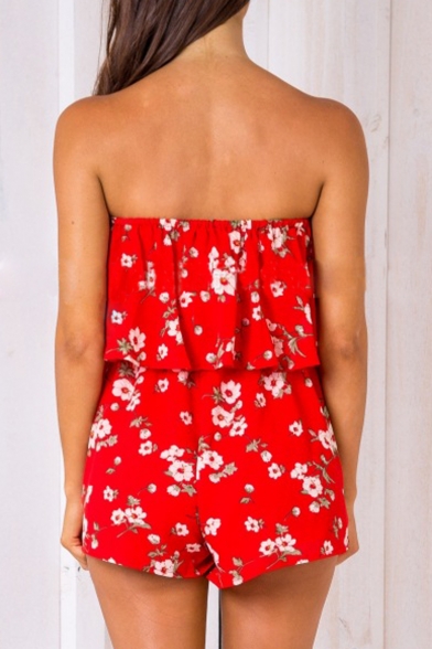 Off The Shoulder Open Back Floral Pattern Chiffon Beach Rompers