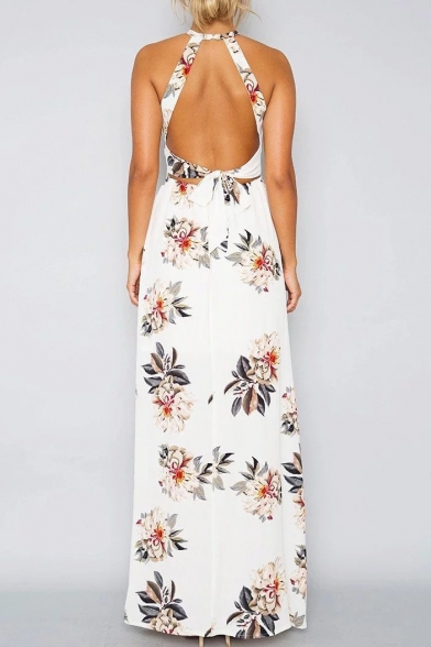 Sexy Halter Open Tied Back Sleeveless Floral Printed Split Front Maxi Dress