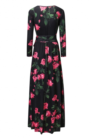 Vintage Floral Printed Round Neck Long Sleeve Tie Waist Maxi Dress