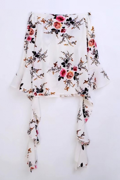 Boat Neck Flared Sleeve Floral Printed Ribbons Side Pullover Blouse