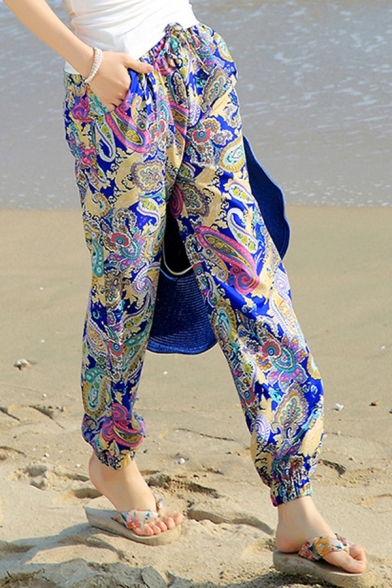 Bohemia Style Tribal Printed Color Block Drawstring Waist Beach Pants