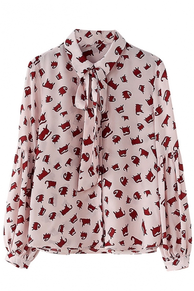 Bow Front Lapel Collar Long Sleeve Cat Printed Buttons Down Shirt