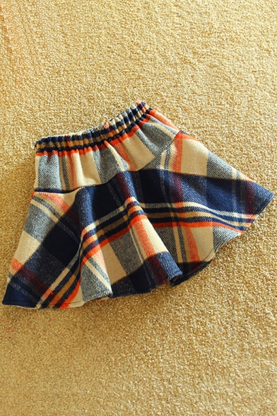 British Style Elastic Waist Pearl Zip Back Plaid Color Block Mini Skirt