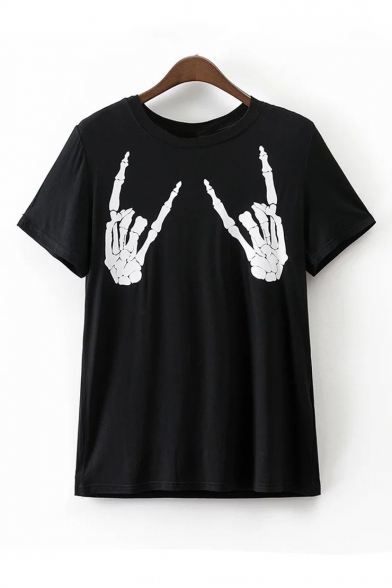 Fashion Skeleton Hands Printed Short Sleeve Round Neck Casual Tee