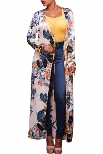Floral Printed Long Sleeve Chiffon Longline Open Front Beach Coat