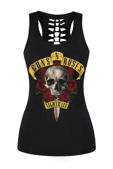 Hot Fashion Floral Skull Printed Scoop Neck Hollow Out Back Sports Tank
