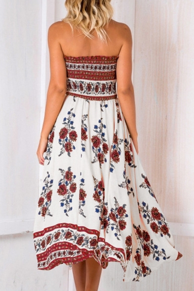 Floral Printed Asymmetric Hem Sleeveless Midi Tube Dress