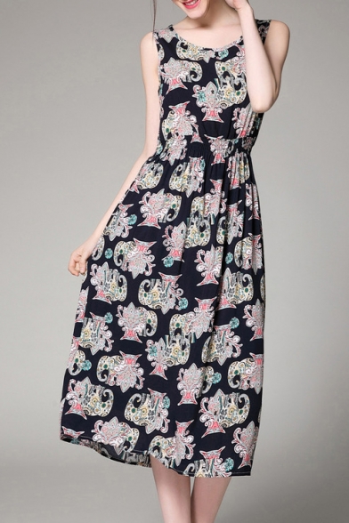 Leisure Fashion Sleeveless Round Neck Floral Printed Midi Dress