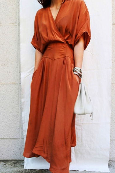 New Fashion Elegant V Neck Short Sleeve Plain Chic A-Line Maxi Dress