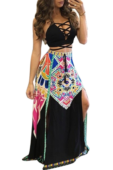 Sexy Halter Crisscross Cutout Front Plain Cami with Tribal Printed Split Sides Maxi Skirt Two Pieces