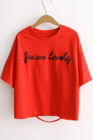 Summer's Letter Printed Round Neck Short Sleeve Cotton Leisure Tee