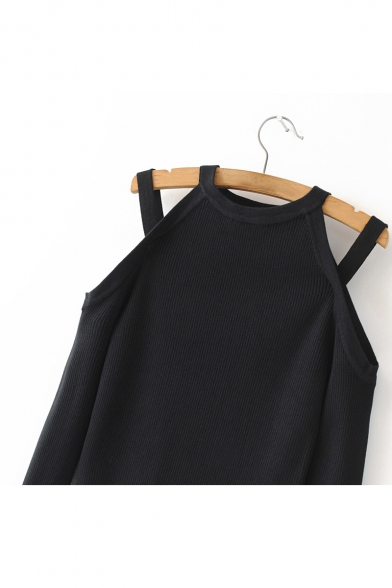 Fashion Cold Shoulder Round Neck Long Sleeve Plain Cropped Pullover Sweater