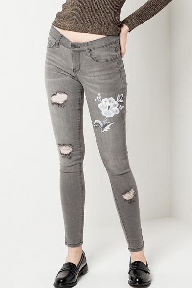 Floral Embroidered Ripped Cut Out Mid Waist Plain Skinny Jeans