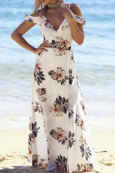 Floral Printed Spaghetti Straps Cold Shoulder Split Front Maxi Beach Dress