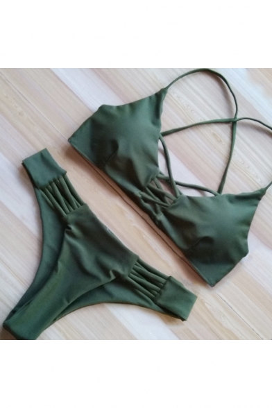 Lace Up Front Crisscross Back String Side Bottom Plain Bikini Swimwear