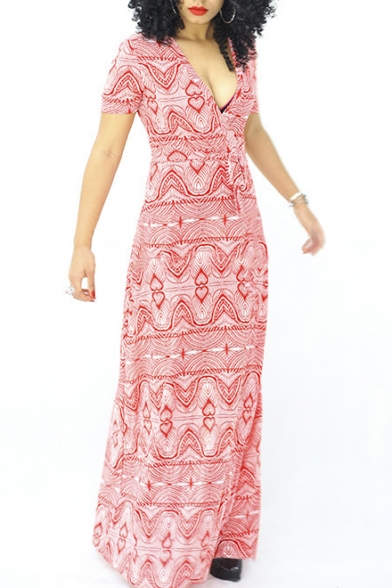 Plunge Neck Short Sleeve Floral Printed Sexy Maxi Beach Holiday Dress