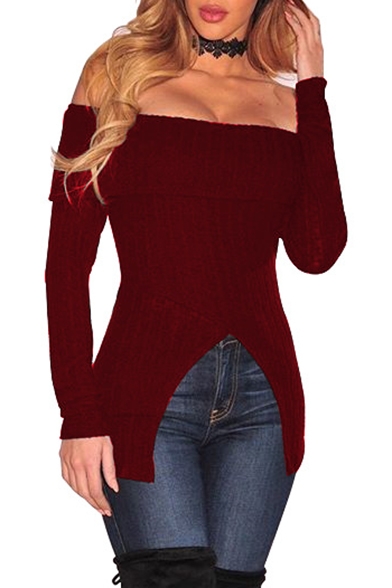 Sexy Off the Shoulder Long Sleeve Cutout Hem Plain Pullover Sweater