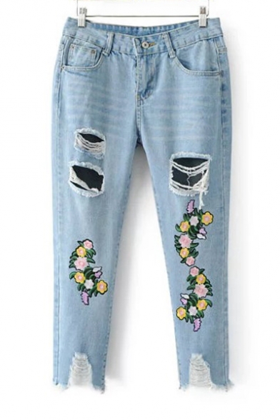 Floral Embroidered Cut Out Ripped Fashion Capri Denim Pants ...