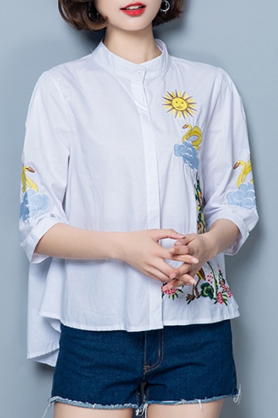 Floral Embroidered Half Sleeve Buttons Down High Low Hem Shirt
