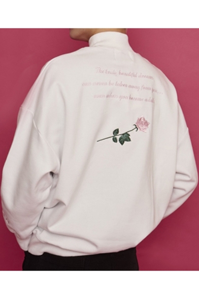 High Neck Long Sleeve Letter Floral Embroidered Casual Leisure Sweatshirt