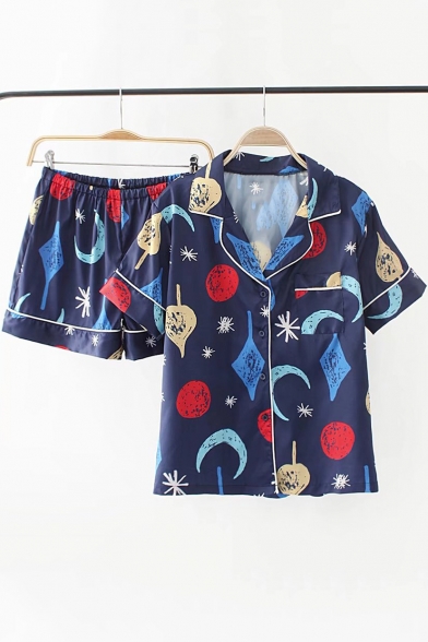 Lapel Collar Short Sleeve Printed Buttons Down Shirt Elastic Waist Shorts Pajamas