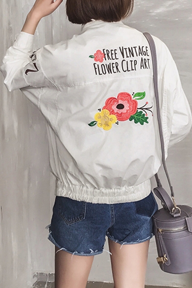 Letter Floral Printed Back Stand Up Collar Long Sleeve Single Breasted Baseball Jacket