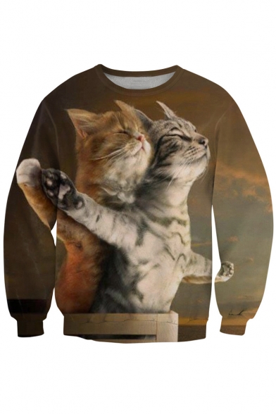 Lovely Couple Cat Printed Round Neck Long Sleeve Pullover Leisure Sweatshirt