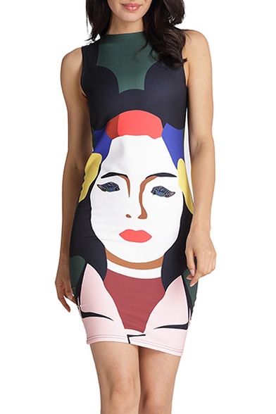 New Fashion Round Neck Sleeveless Color Block Head Printed Mini Bodycon Dress