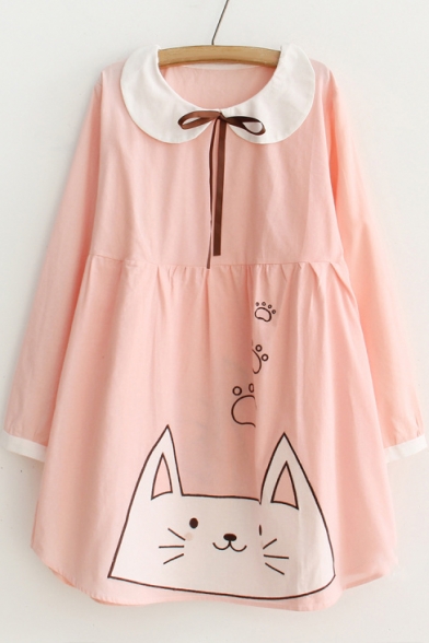 Contrast Collar Long Sleeve Color Block Cute Cat Printed Mini Smock Dress