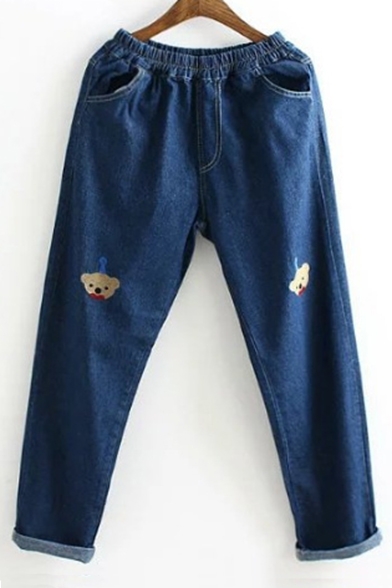 Elastic Waist Bow Bear Embroidered Casual Leisure Jeans with Pockets