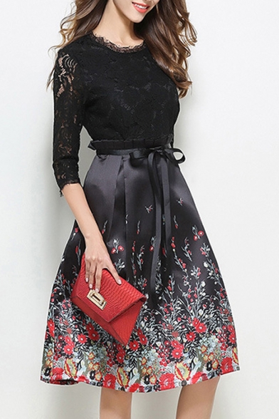 Elegant Half Sleeve Lace Patchwork Zip Back Floral Printed Midi A-Line Dress