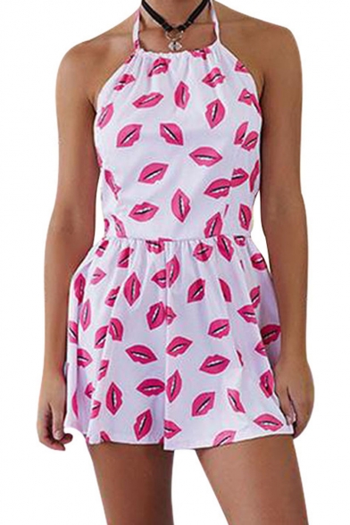 Fashion Red Lips Printed Halter Open Back Sleeveless Rompers