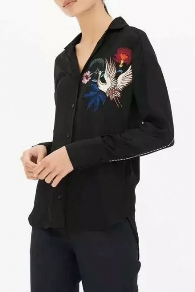 Floral Bird Pattern Lapel Collar Long Sleeve Buttons Down High Low Shirt