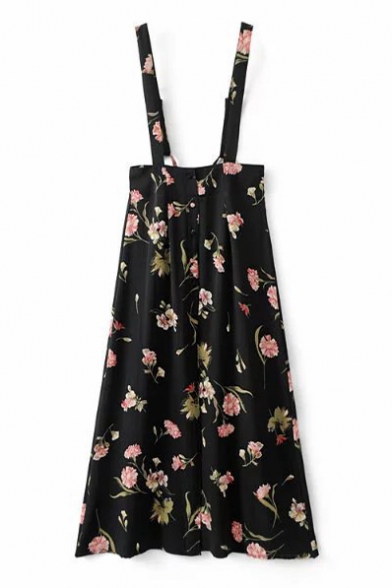 Floral Printed Zip Back Buttons Design A-Line Midi Overall Dress