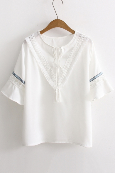 New Arrival V-Neck Tassel Cutout Lace Patchwork Short Sleeve Top